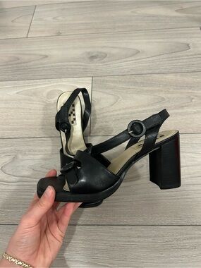 Black Leather Block Heel Sandals - Women